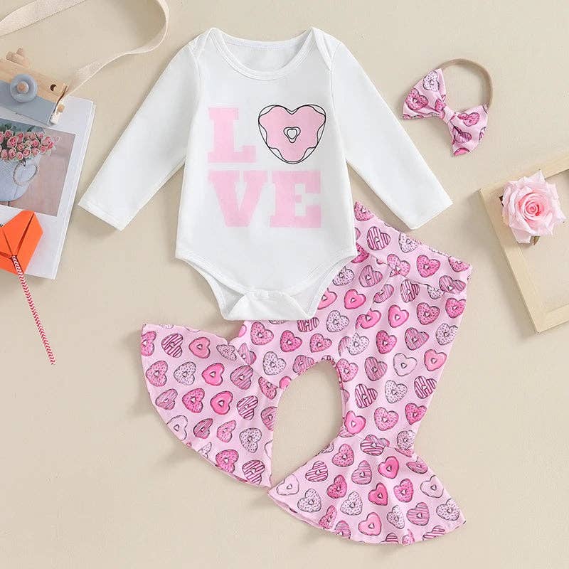 Love Donut Hearts Onesie, Bell Bottoms, and Hairbow Outfit (Valentine's Day)