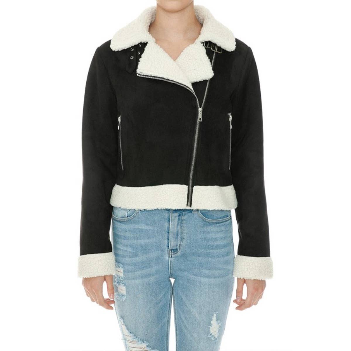 FAUX SHERPA TRIMMED FAUX SUEDE BIKER JACKET