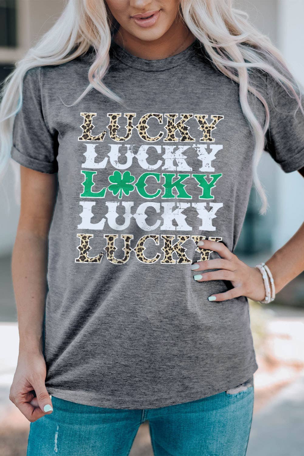 LUCKY Clover Leopard Print Crewneck T Shirt