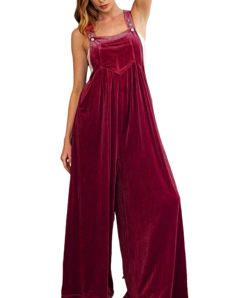 Velvet Pleated Wide Leg Overall