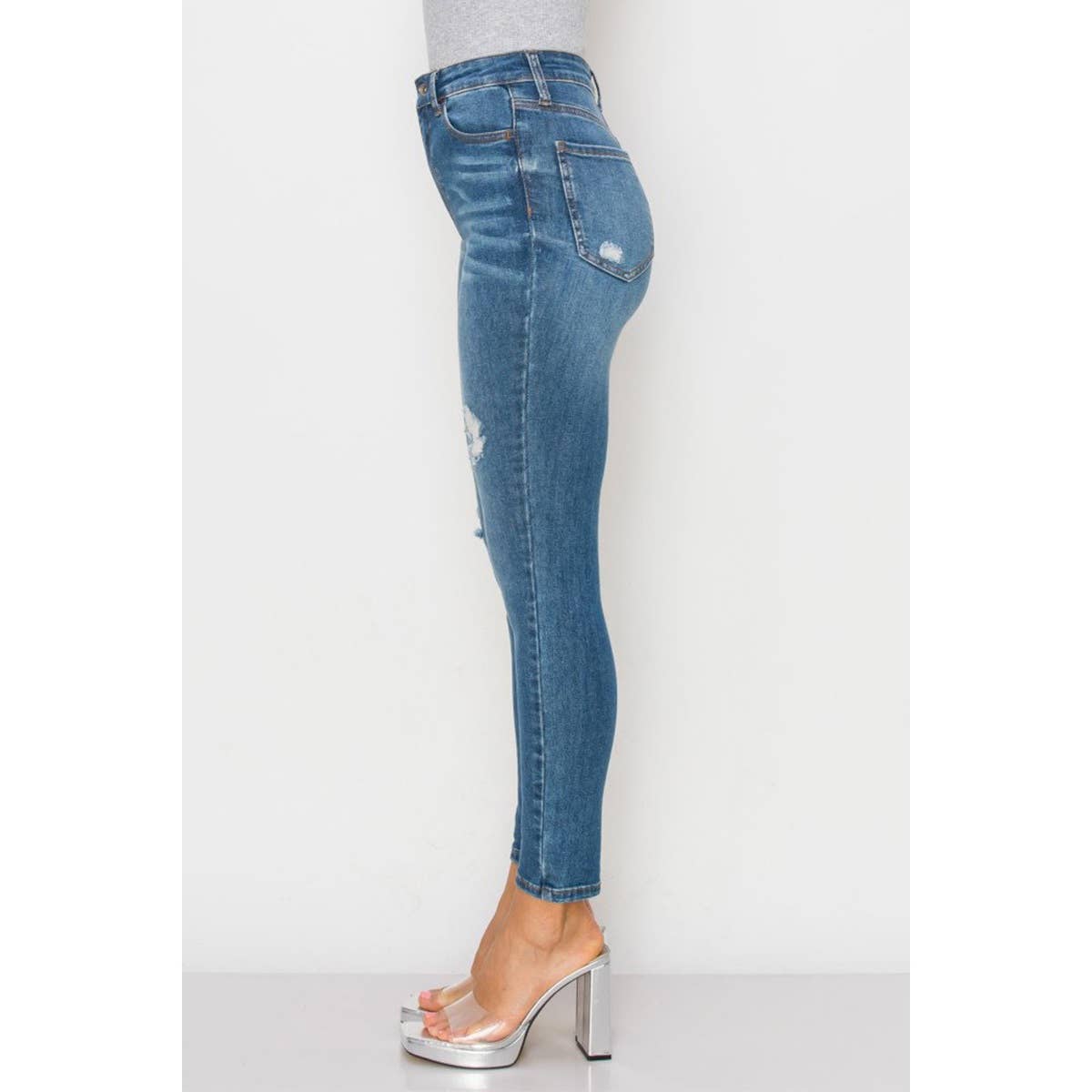 HIGH RISE SKINNY DISTRESSED DENIM JEANS