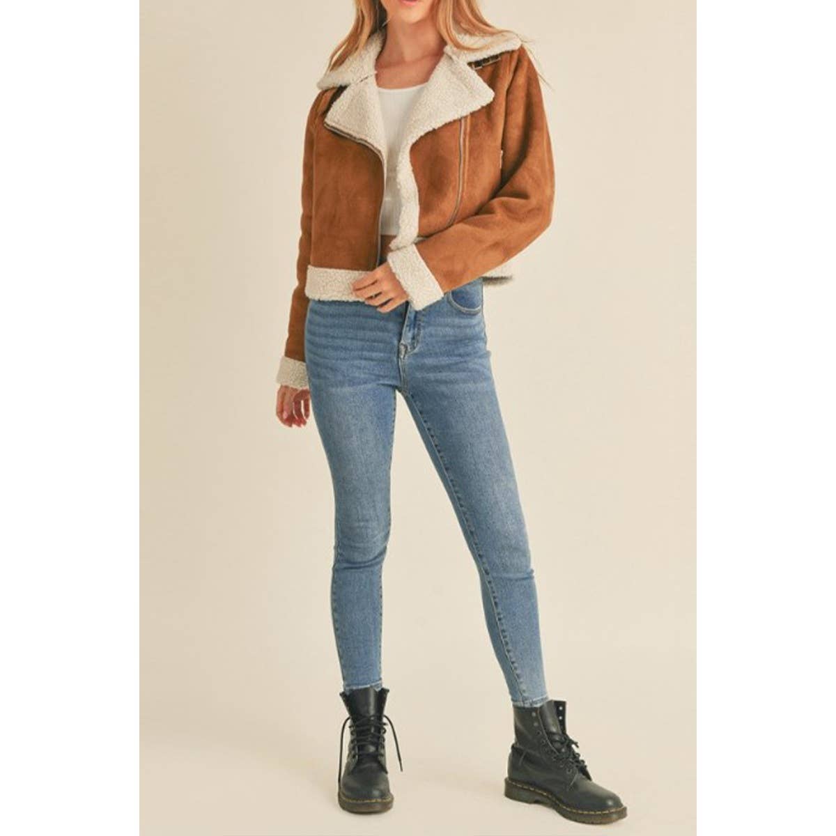 FAUX SHERPA TRIMMED FAUX SUEDE BIKER JACKET