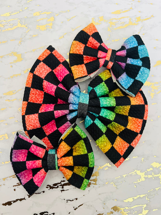 5” rainbow checkered hair bow