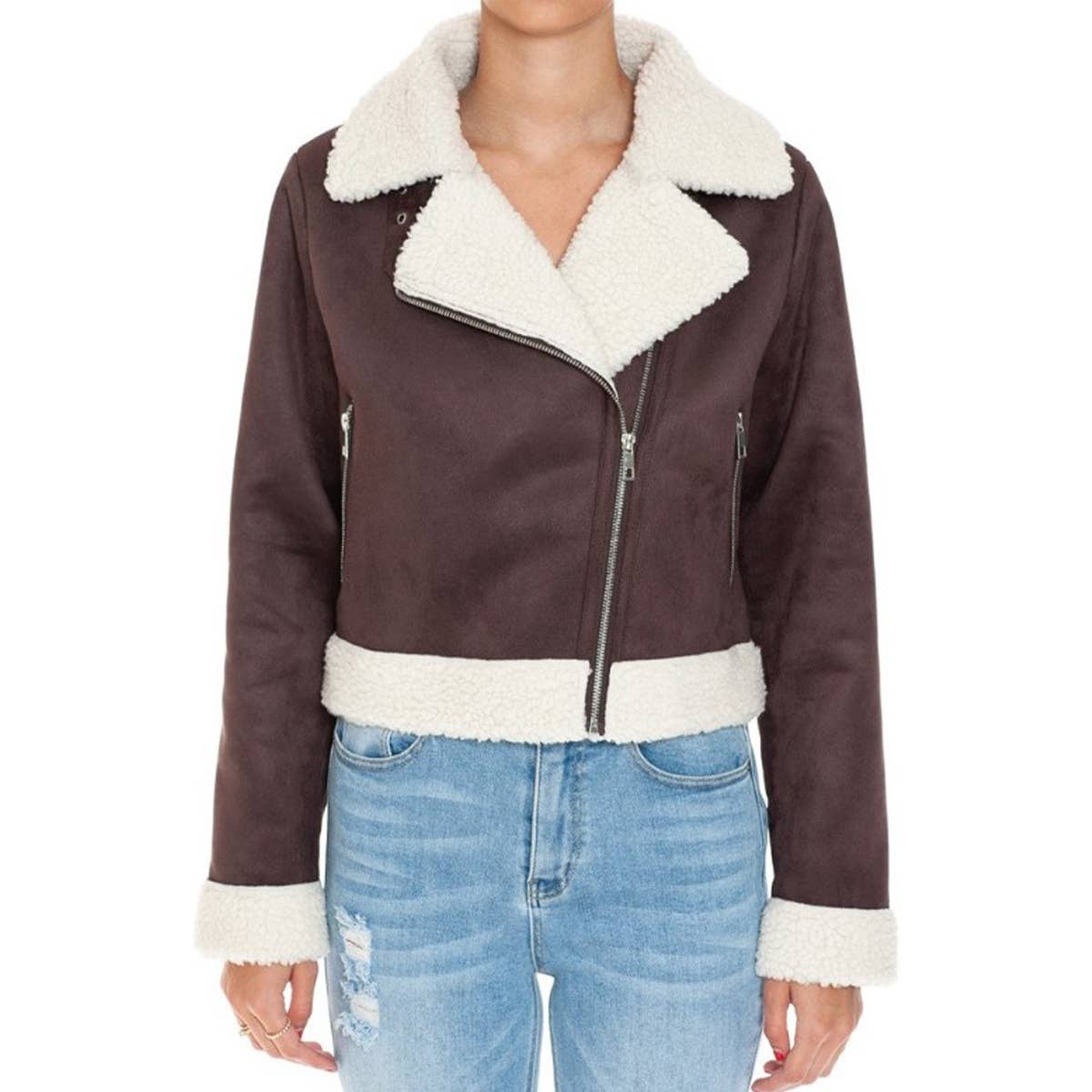 FAUX SHERPA TRIMMED FAUX SUEDE BIKER JACKET