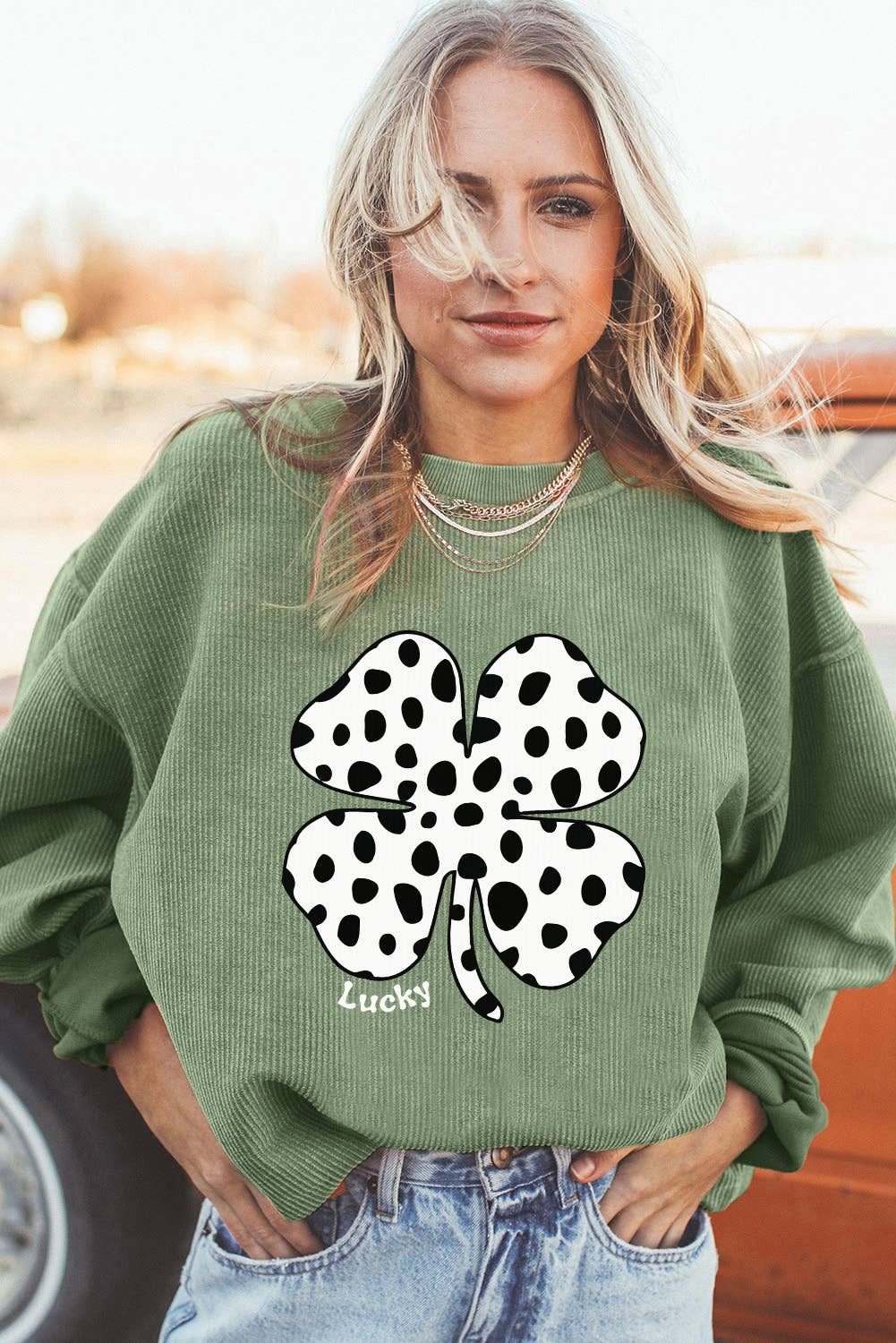 Western Cow Clover Print Corded Sweatshirt