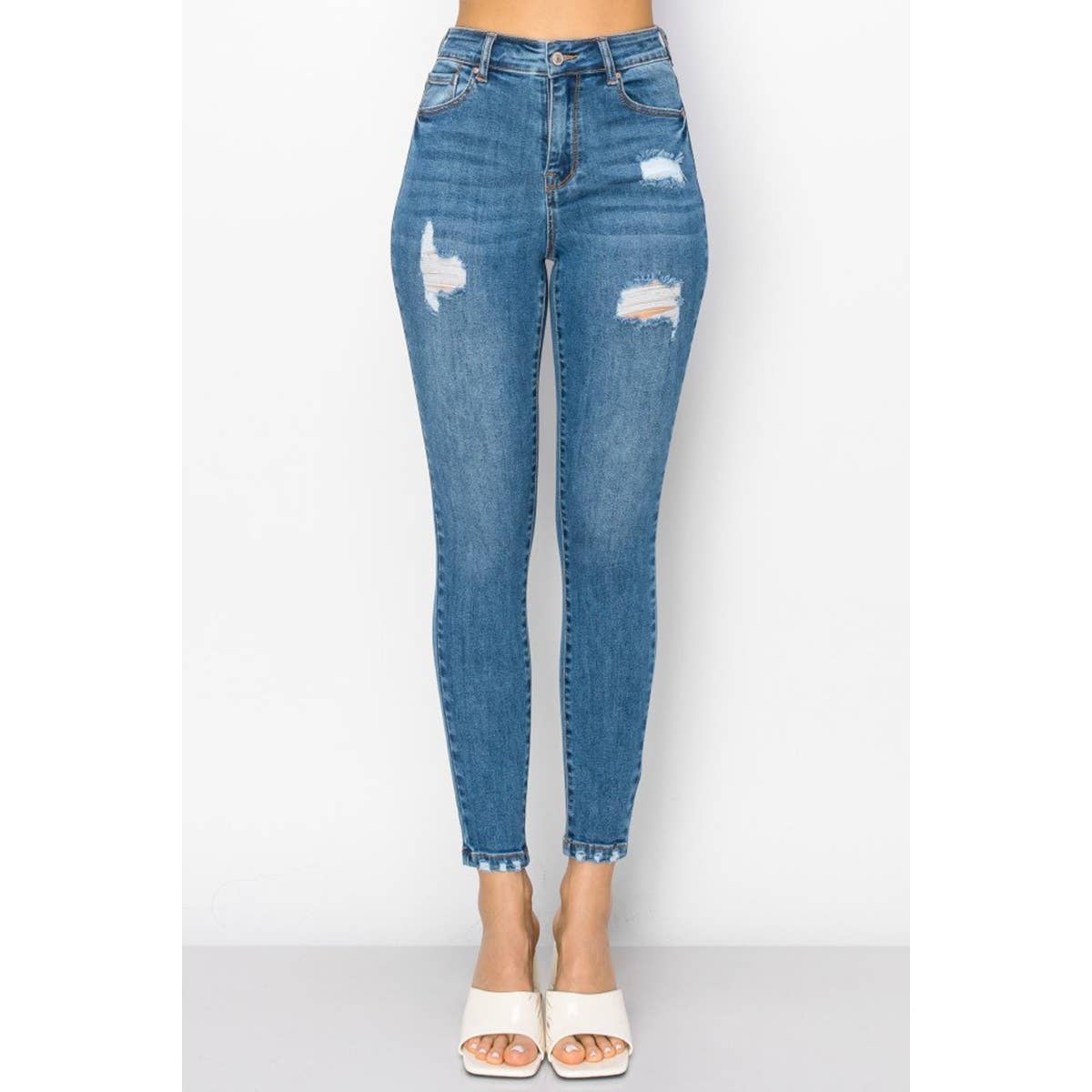 HIGH RISE SKINNY DISTRESSED DENIM JEANS