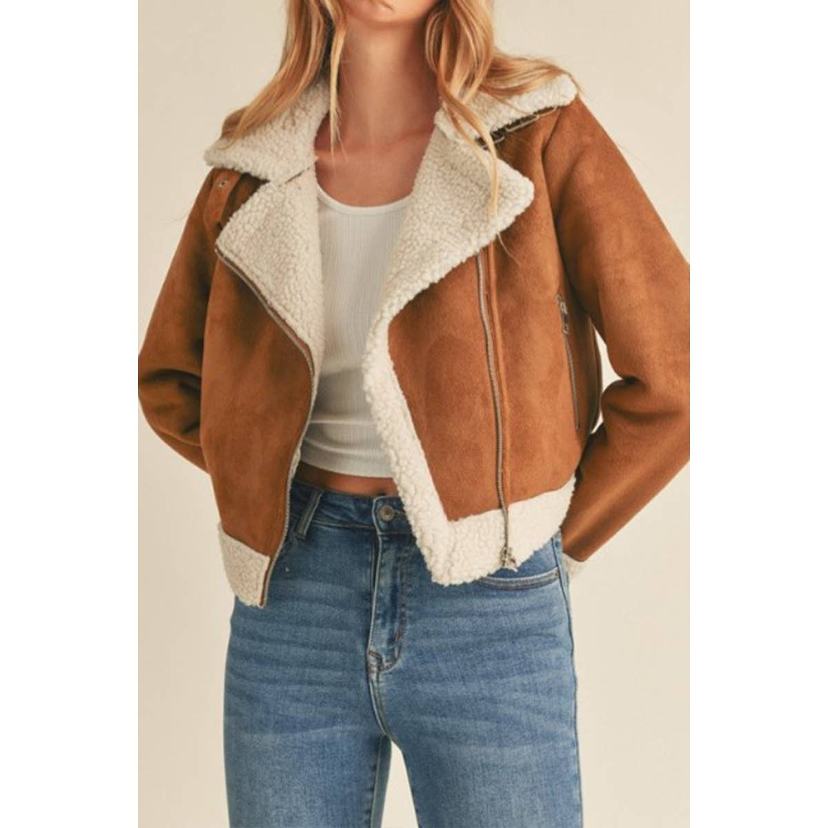 FAUX SHERPA TRIMMED FAUX SUEDE BIKER JACKET