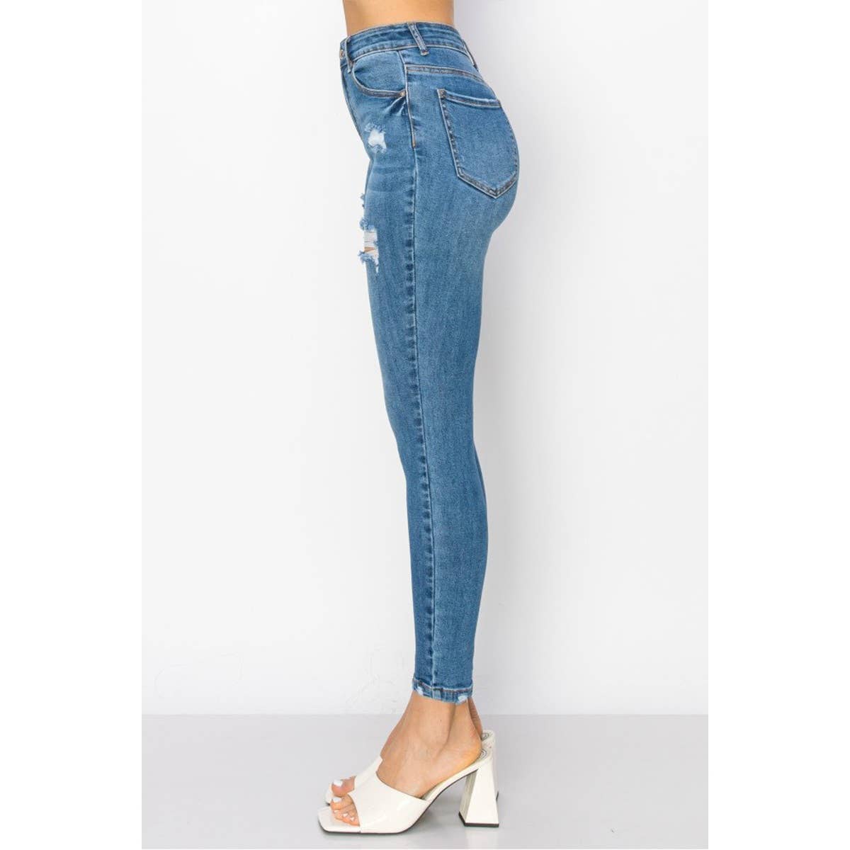 HIGH RISE SKINNY DISTRESSED DENIM JEANS