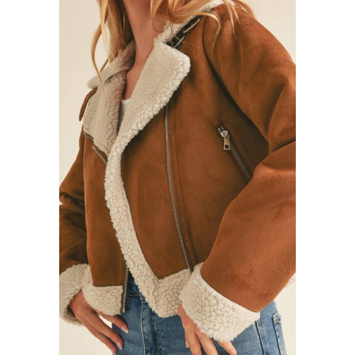 FAUX SHERPA TRIMMED FAUX SUEDE BIKER JACKET