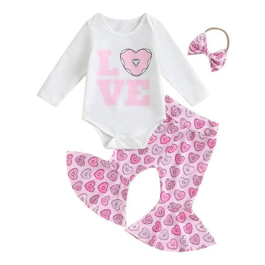 Love Donut Hearts Onesie, Bell Bottoms, and Hairbow Outfit (Valentine's Day)