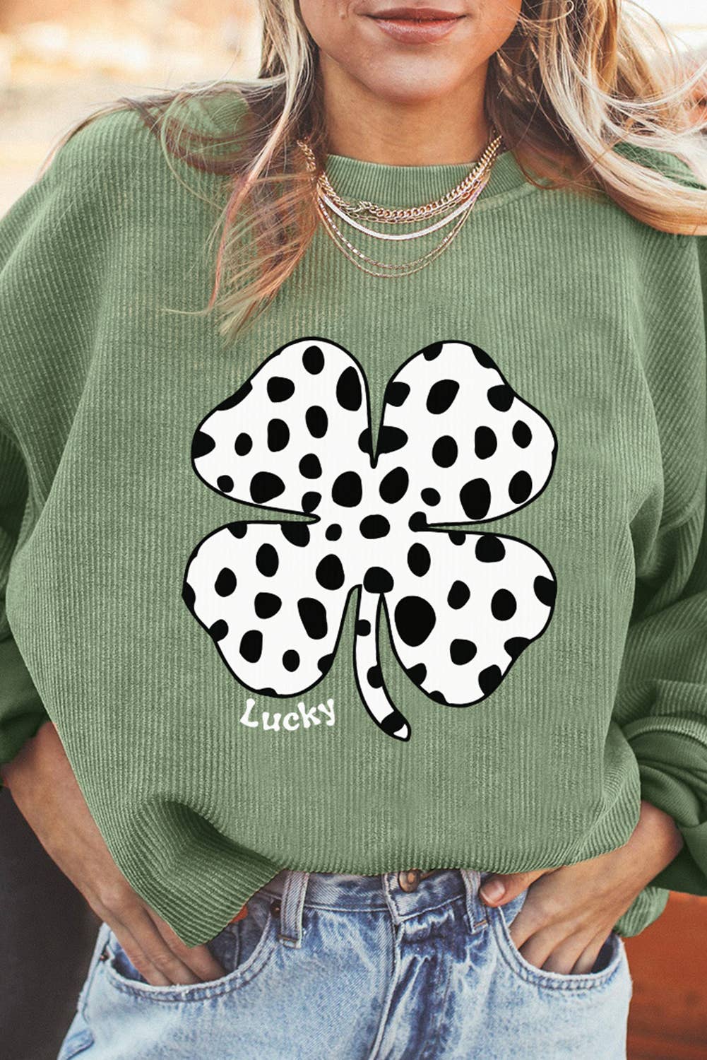 Western Cow Clover Print Corded Sweatshirt