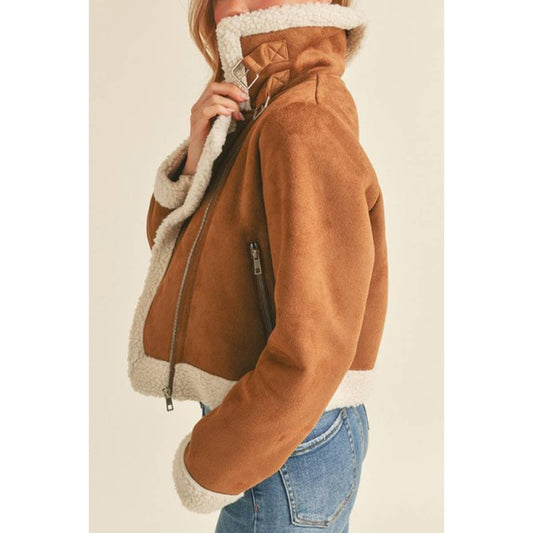 FAUX SHERPA TRIMMED FAUX SUEDE BIKER JACKET