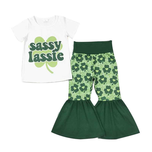 St. Patrick's Day Outfit - Sassy Lassie Shamrock Clover - Girl's Bell Bottom Set