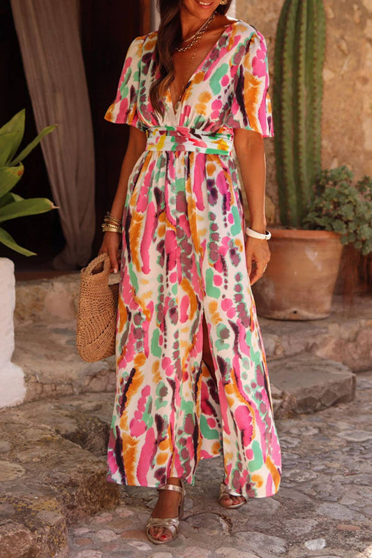 Boho Tie-dye Print V Neck Maxi Dress